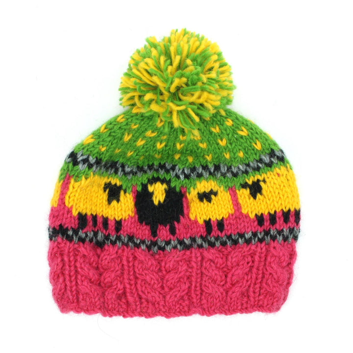 Wool Knit Bobble Beanie Hat - Sheep - Pink Green Yellow