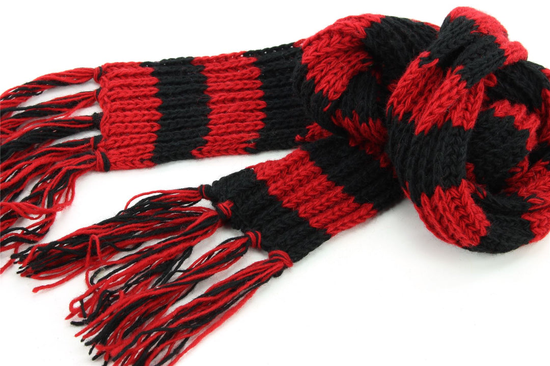 Hand Knitted Wool Scarf - Stripe Red Black