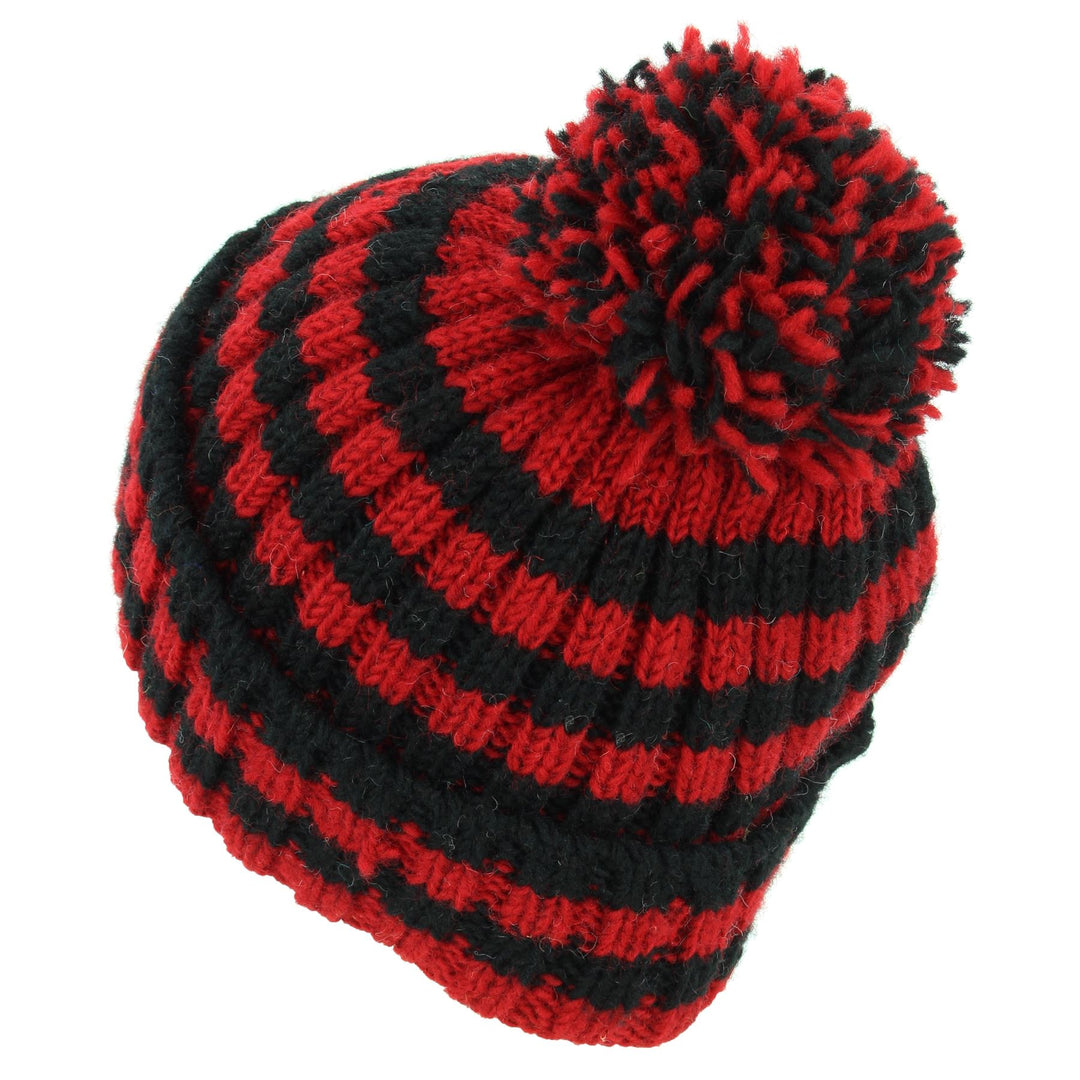 Hand Knitted Wool Beanie Bobble Hat - Stripe Red Black