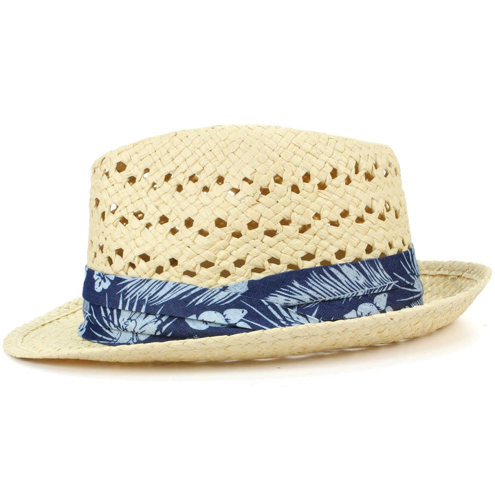 Straw Trilby Fedora Hat with Hibiscus Floral Band - Natural