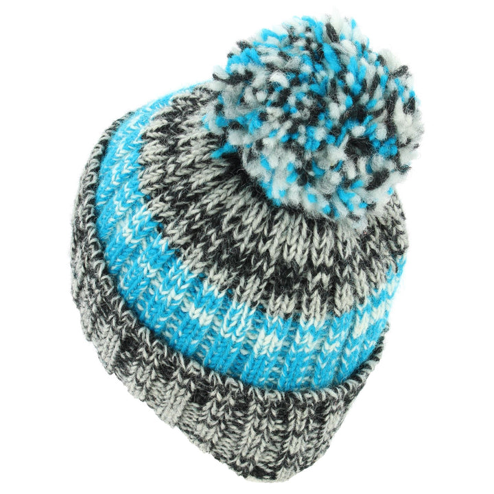 Hand Knitted Wool Beanie Bobble Hat - SD Black Turquoise