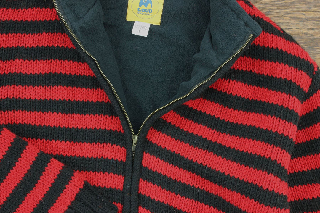 Hand Knitted Wool Jacket Cardigan - Stripe Red Black