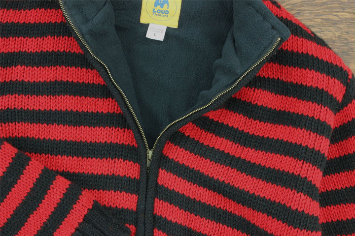 Hand Knitted Wool Jacket Cardigan - Stripe Red Black