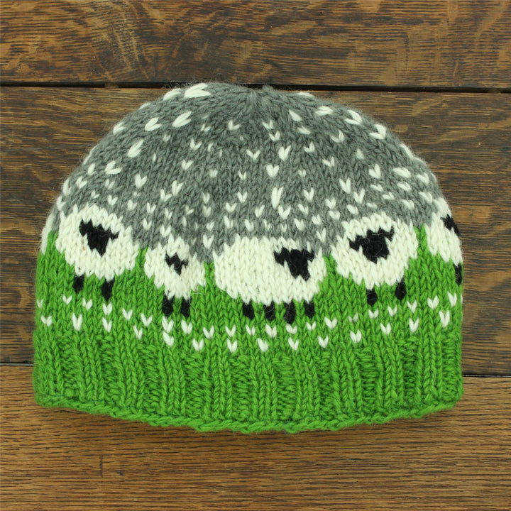 Hand Knitted Wool Beanie Hat - Sheep Green