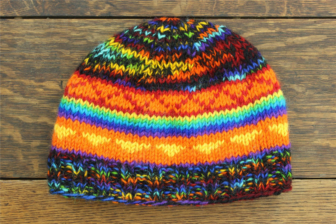 Hand Knitted Wool Beanie Hat - SD Black Rainbow Orange