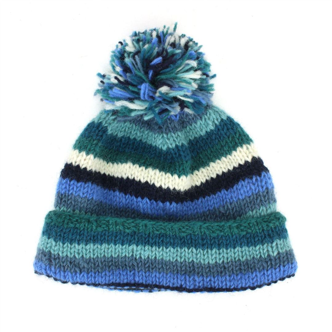 Chunky Wool Knit Beanie Bobble Hat - Stripe Blue White