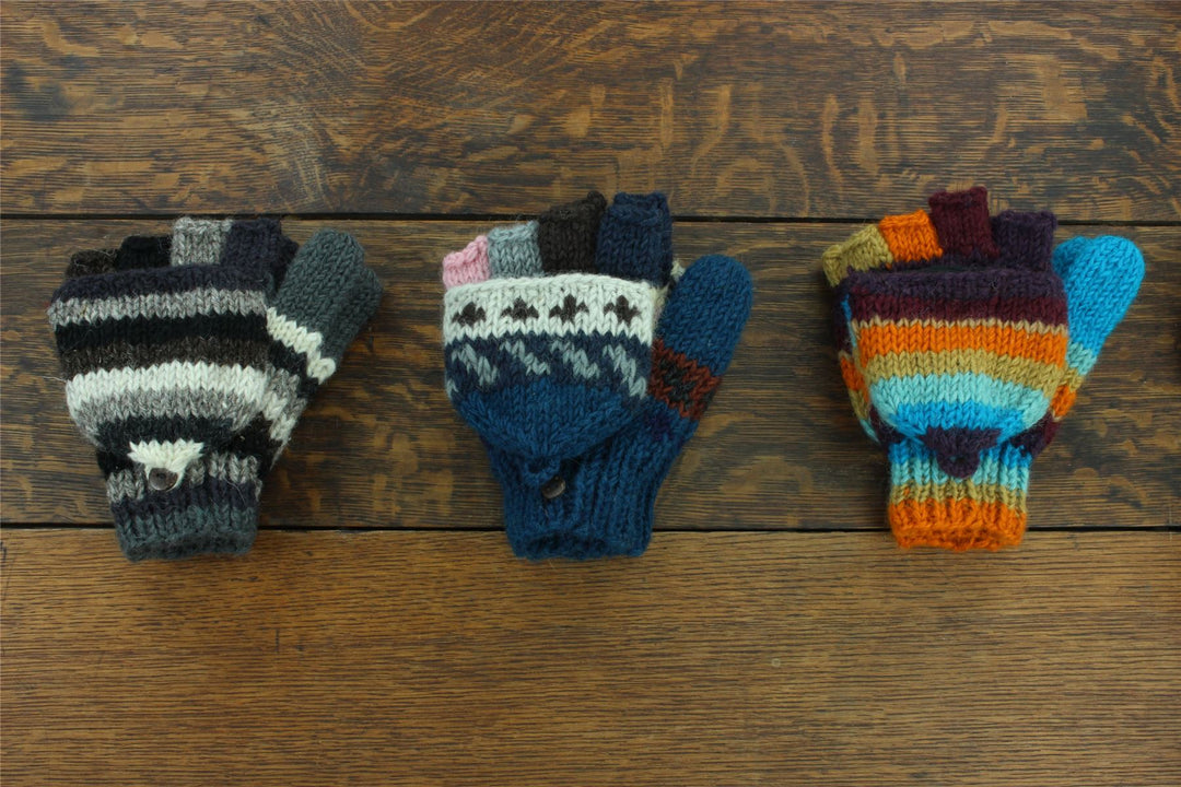 Hand Knitted Wool Shooter Gloves - Stripe Greys