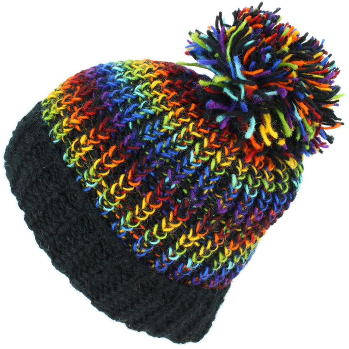 Wool Knit Beanie Bobble Hat - Black Rainbow