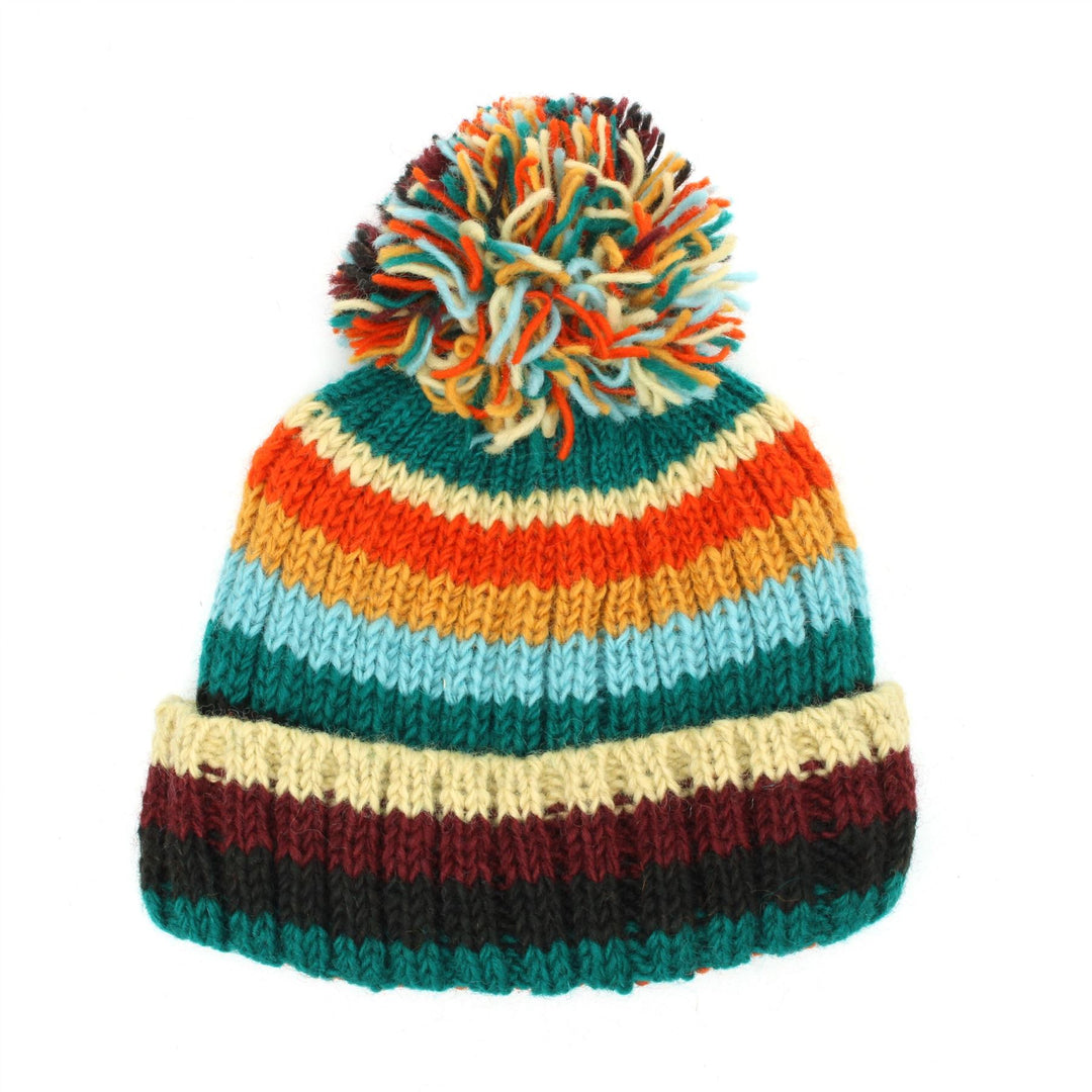 Hand Knitted Wool Beanie Bobble Hat - Stripe Retro D