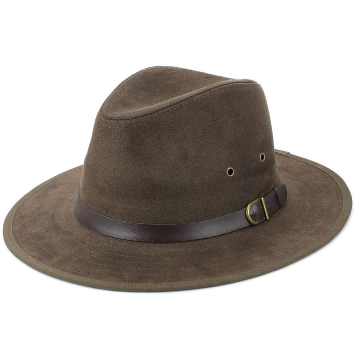 Suede Effect Fedora Hat with Leather Band - Brown