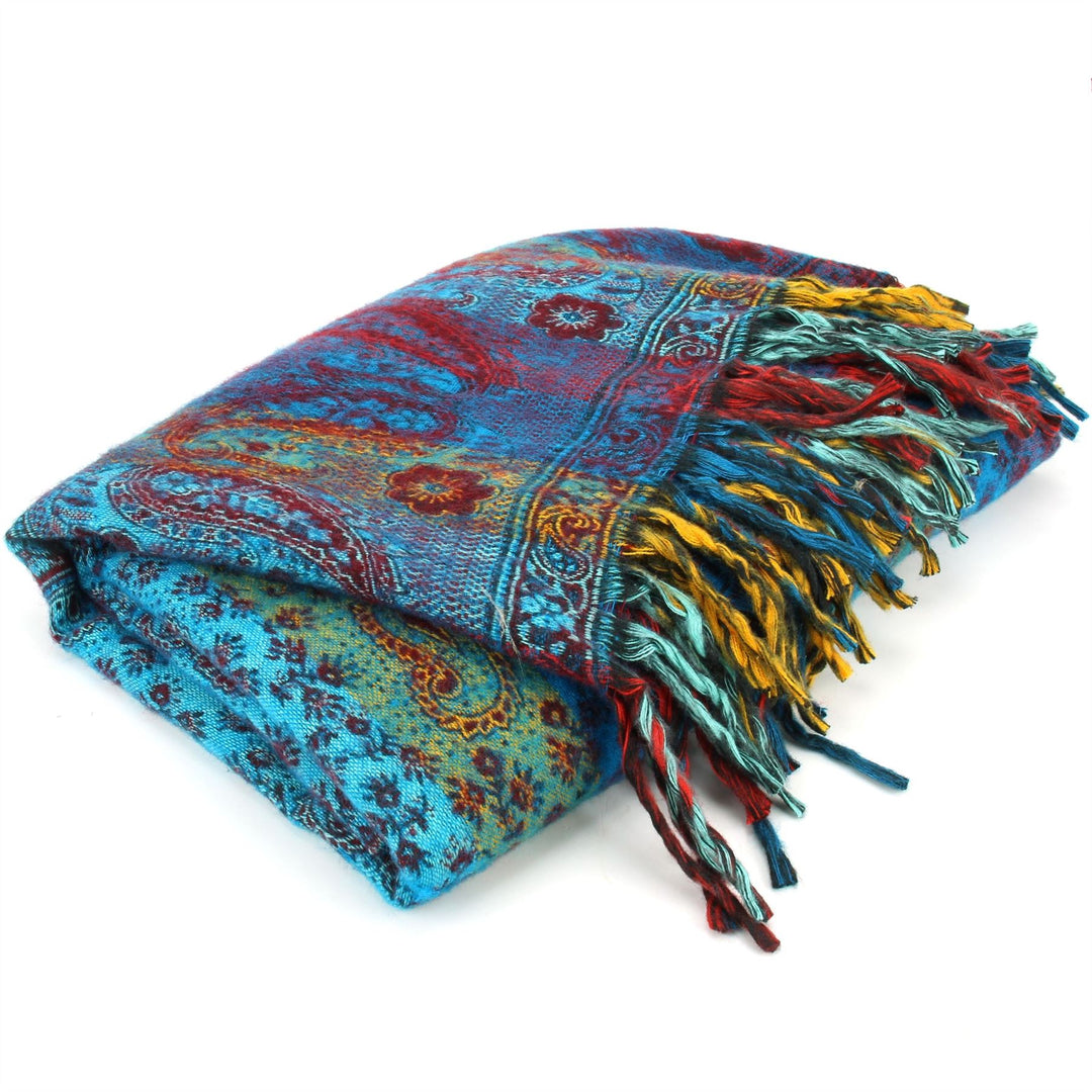 Vegan Wool Shawl Blanket - Paisley Stripe - Turquoise & Red