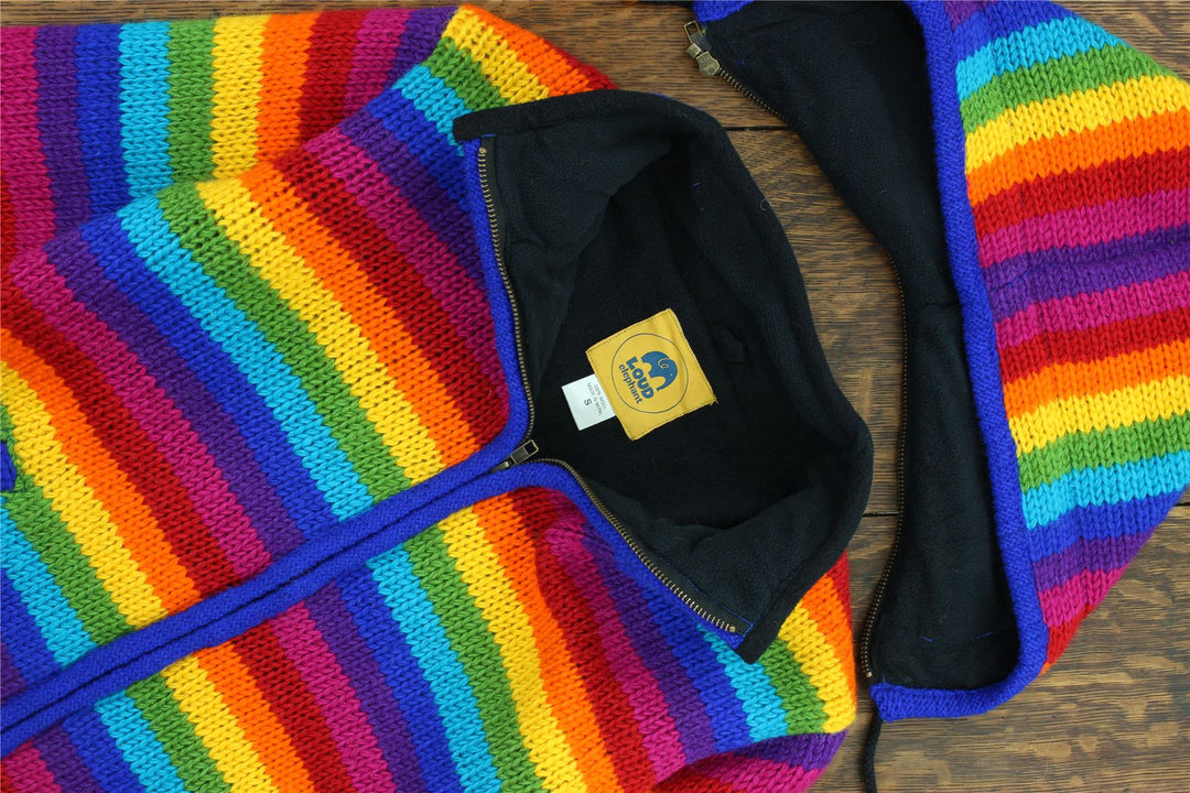 Hand Knitted Wool Hooded Jacket Cardigan Ladies Cut - Stripe Bright Rainbow