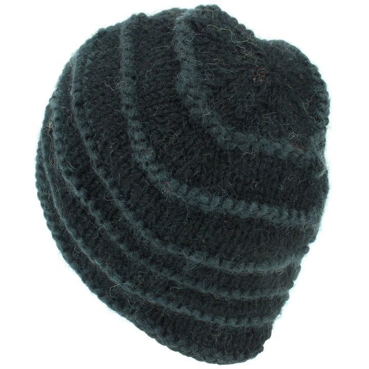 Chunky Ribbed Wool Knit Beanie Hat with Space Dye Design - Black