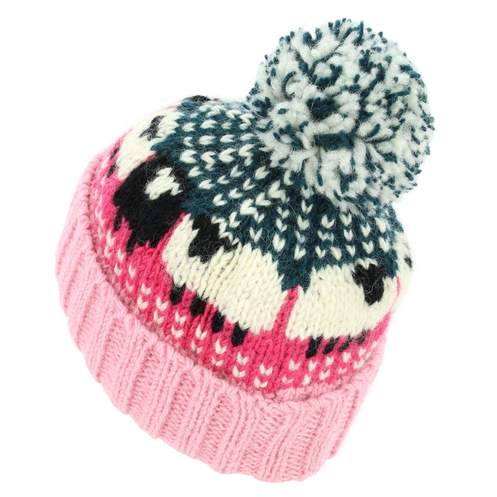 Hand Knitted Wool Beanie Bobble Hat - Sheep - Bright Pink