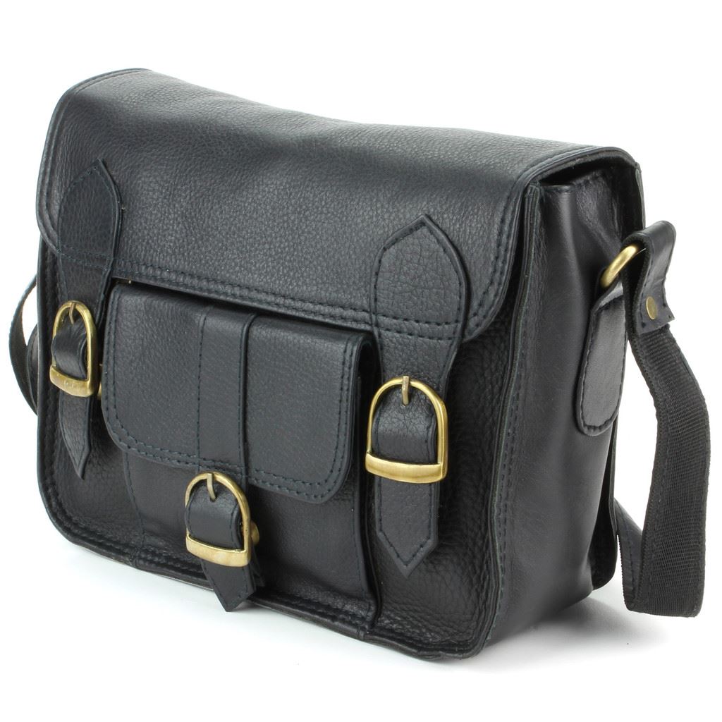 Real Leather Satchel with Front Pocket - Black