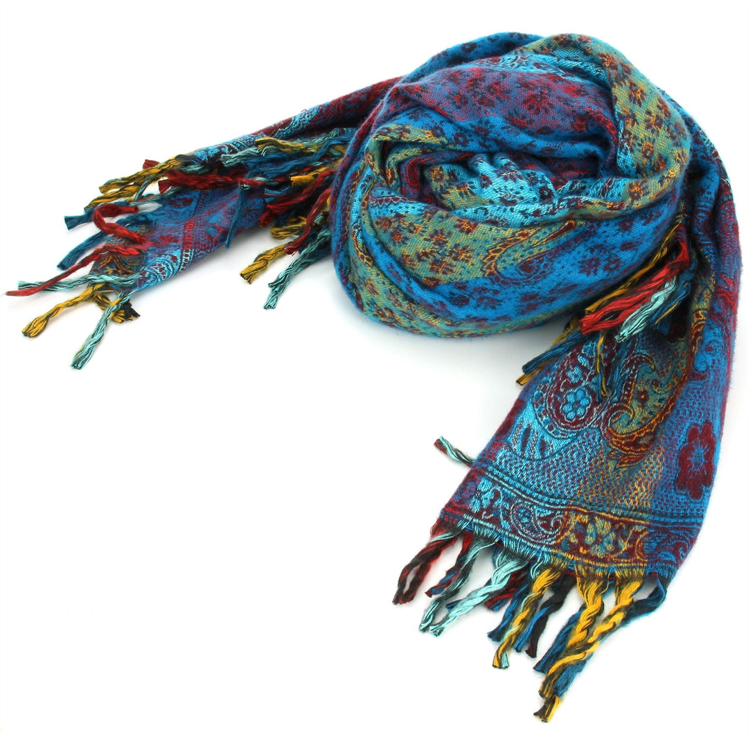 Vegan Wool Shawl Blanket - Paisley Stripe - Turquoise & Red