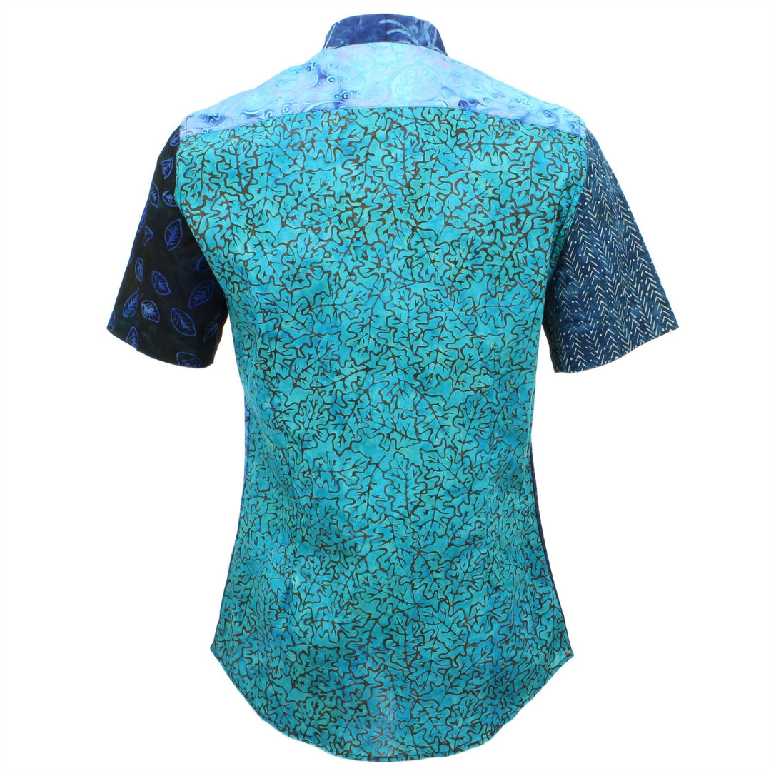 Slim Fit Short Sleeve Mixed Panel Shirt - Blue Mix