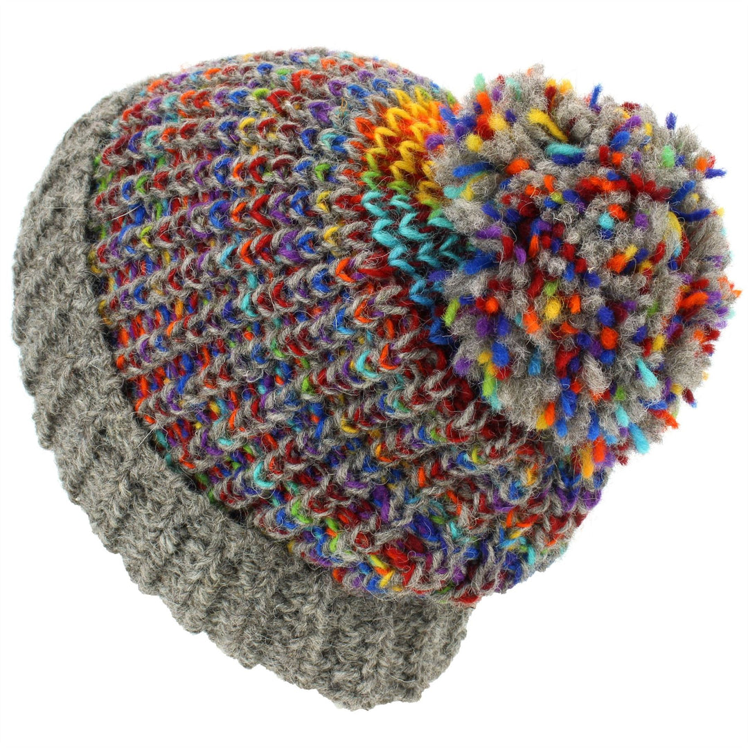 Wool Knit Beanie Bobble Hat - Grey Rainbow