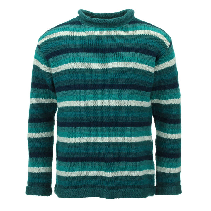 Hand Knitted Wool Jumper - Stripe Teal