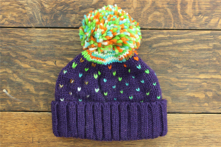 Hand Knitted Wool Beanie Bobble Hat - Tik Tik Purple