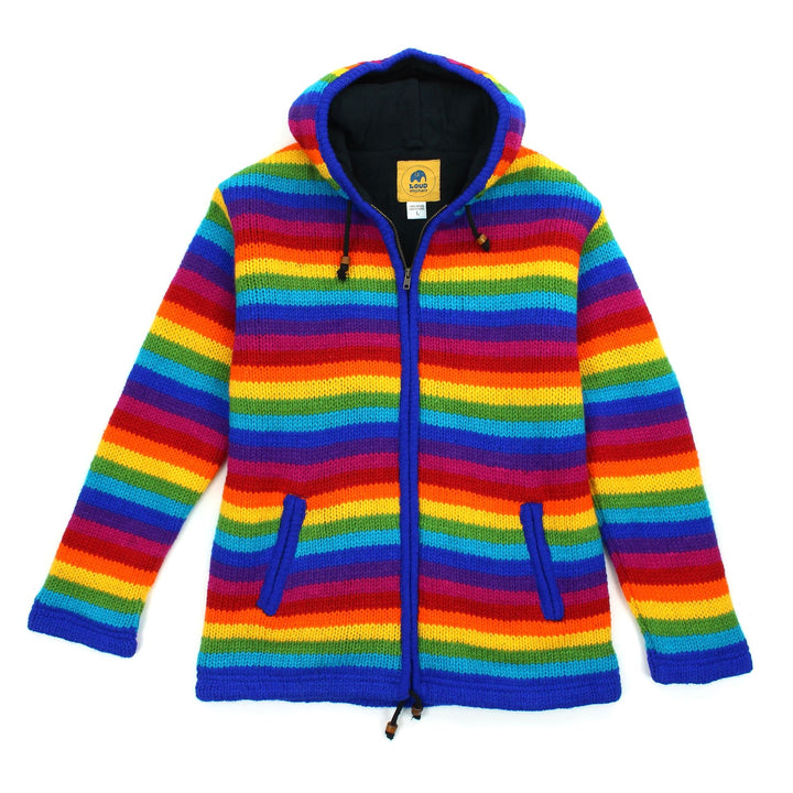 Hand Knitted Wool Hooded Jacket Cardigan - Stripe Bright Rainbow