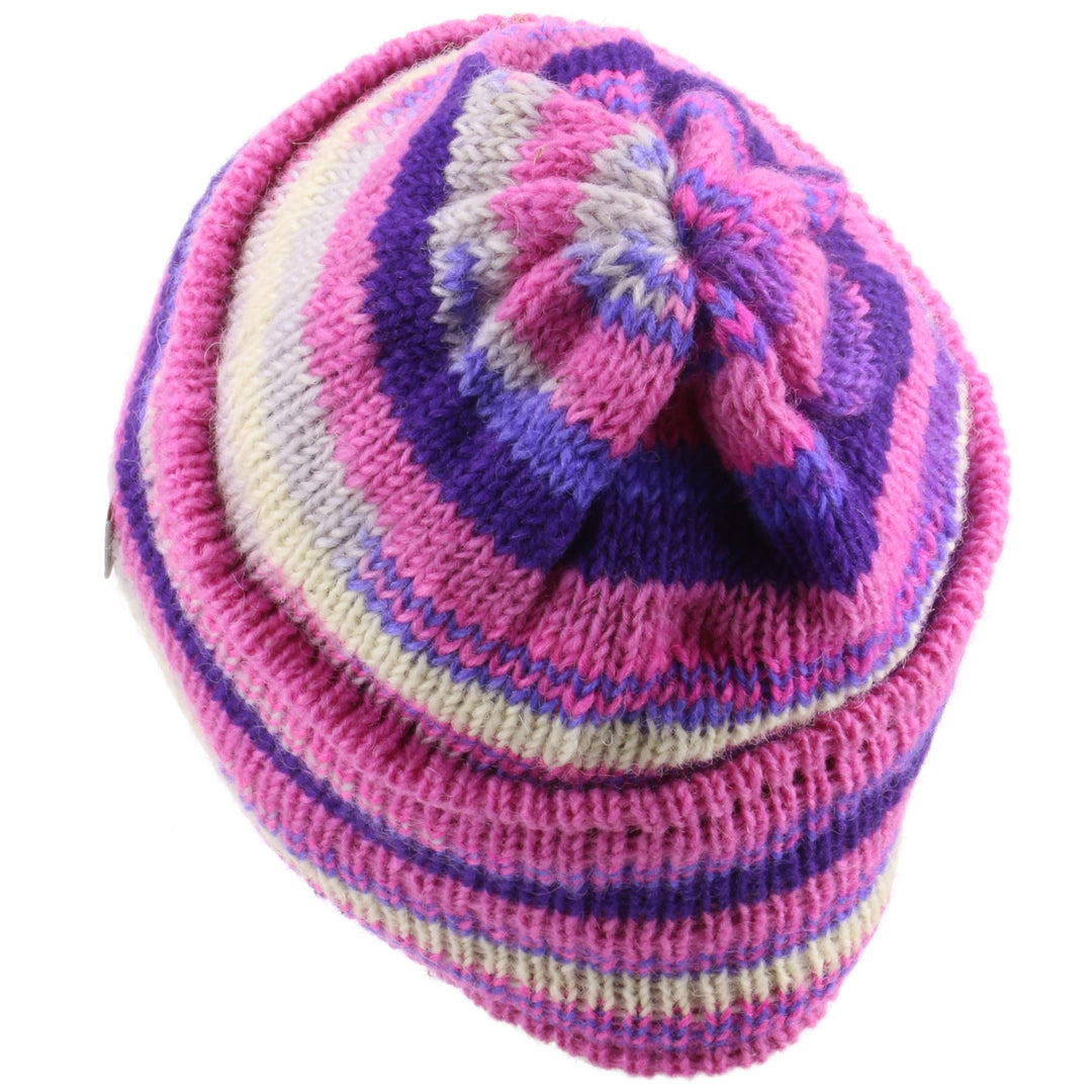 Wool knit ridge beanie hat with fleece lining - Pink & cream