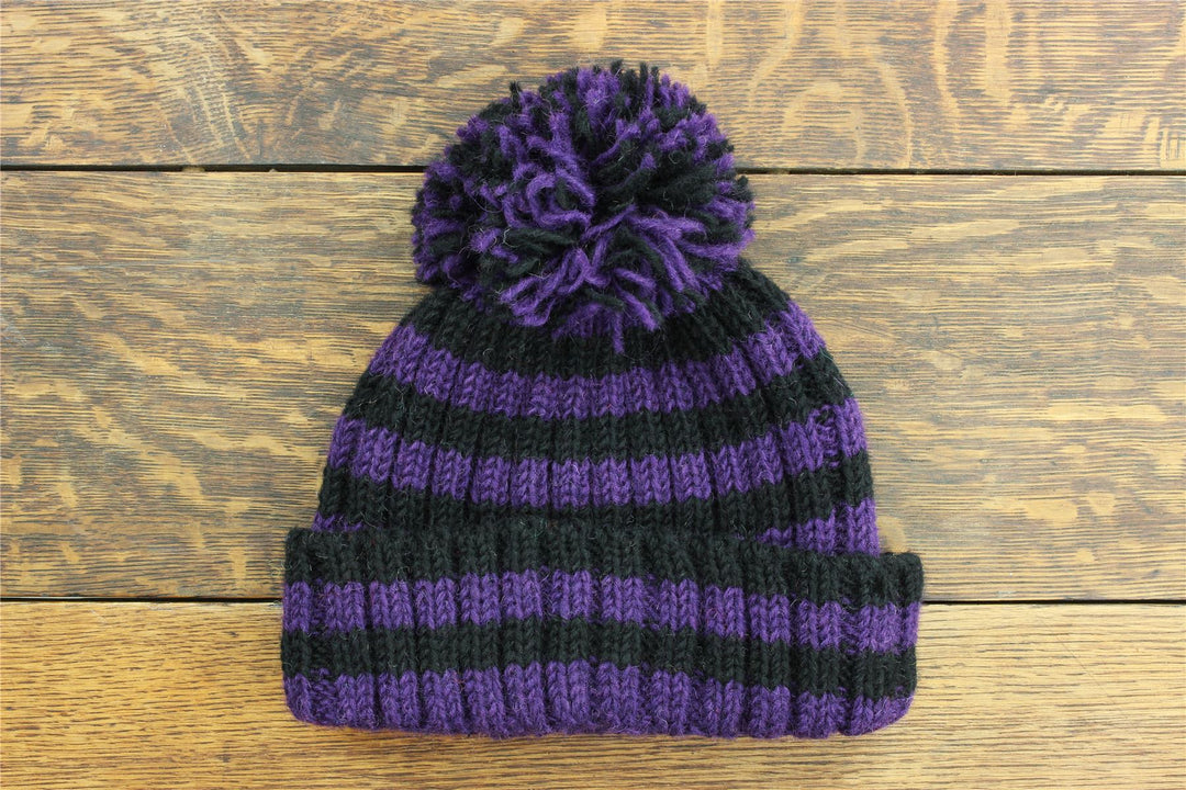 Hand Knitted Wool Beanie Bobble Hat - Stripe Purple Black