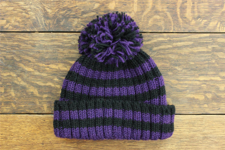 Hand Knitted Wool Beanie Bobble Hat - Stripe Purple Black