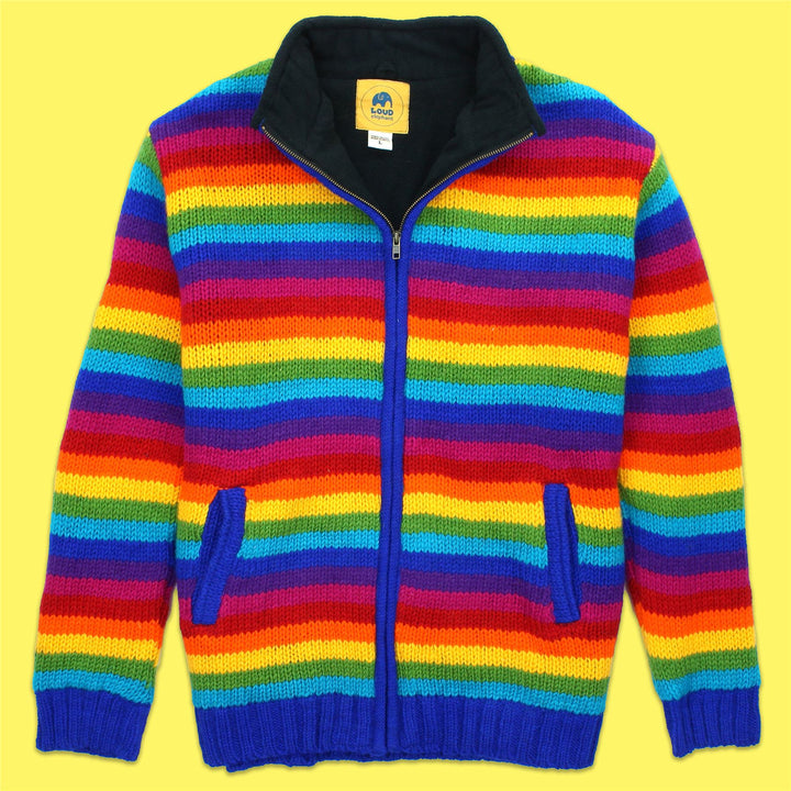 Hand Knitted Wool Jacket Cardigan - Stripe Bright Rainbow