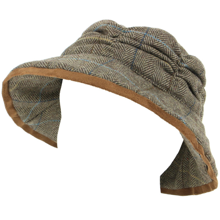 Ladies Wool Tweed Herringbone Cloche Hat - Brown