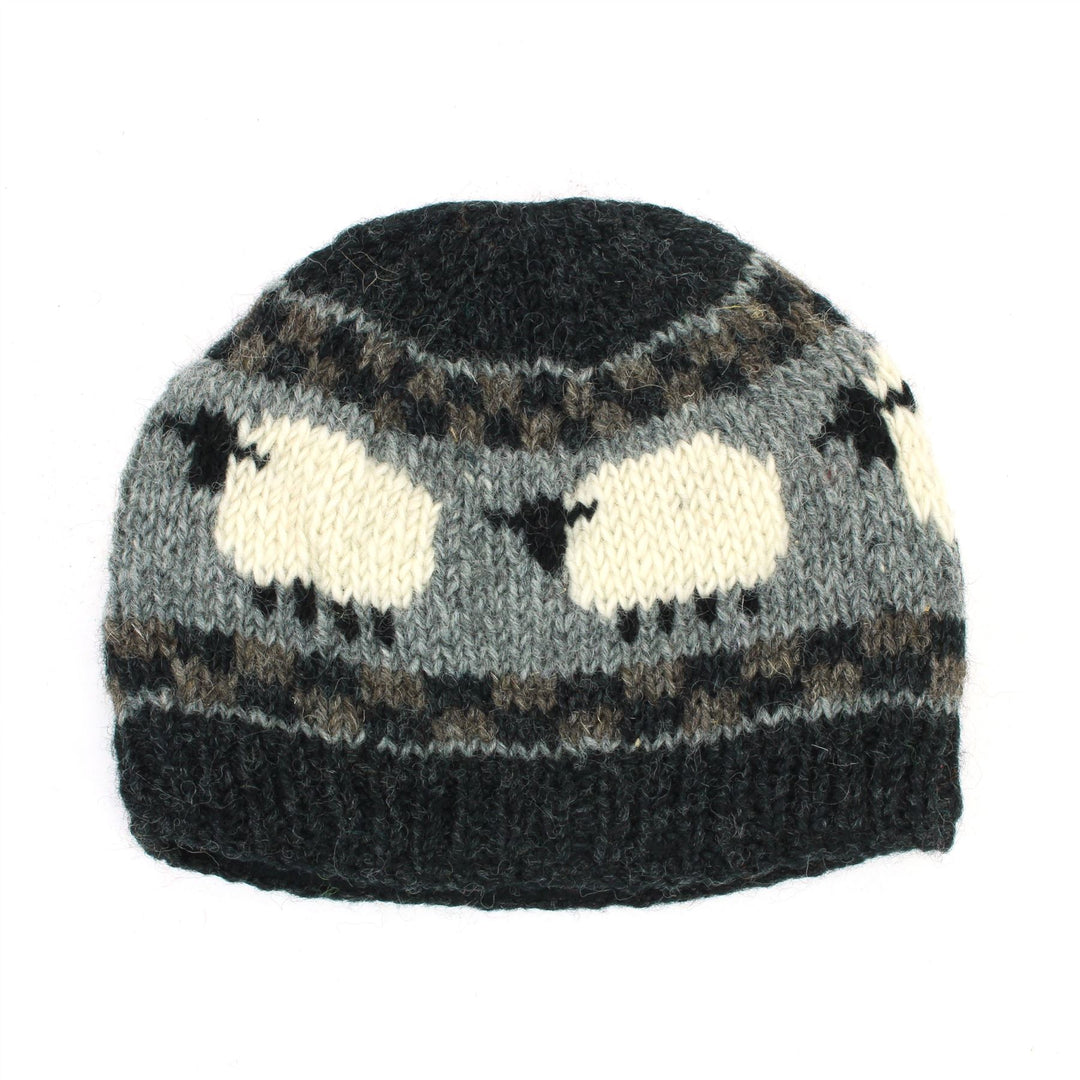 Hand Knitted Wool Beanie Hat - Sheep Charcoal Grey