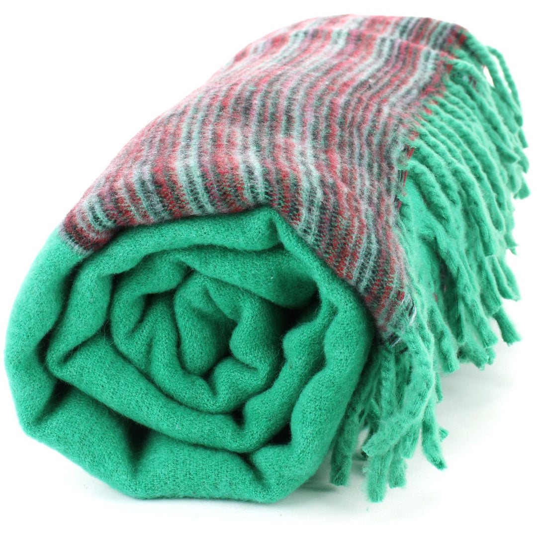 Tibetan Wool Blend Shawl Blanket - Light Green with Maroon & Grey Reverse