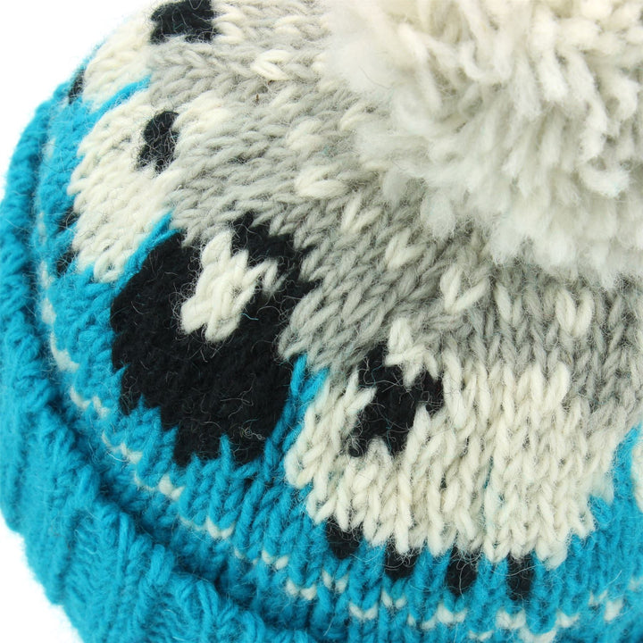 Wool Knit Bobble Beanie Hat - Sheep - Blue Grey