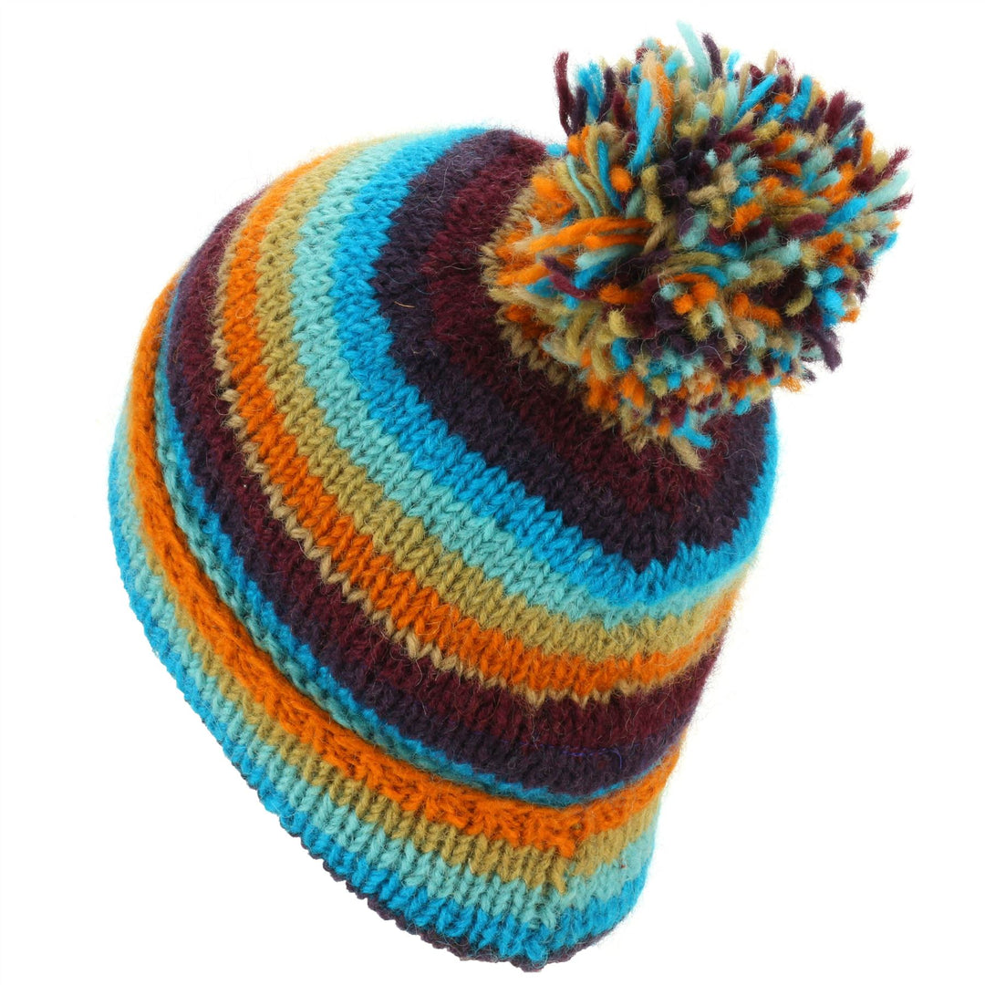 Chunky Wool Knit Beanie Bobble Hat - Stripe Retro C