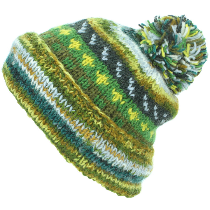 Chunky Wool Knit Abstract Pattern Beanie Bobble Hat - 17 Green