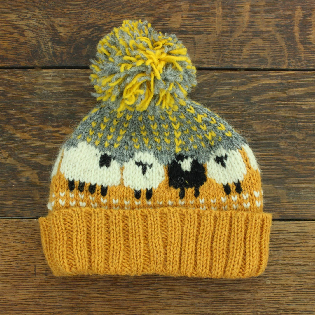 Wool Knit Bobble Beanie Hat - Sheep - Orange