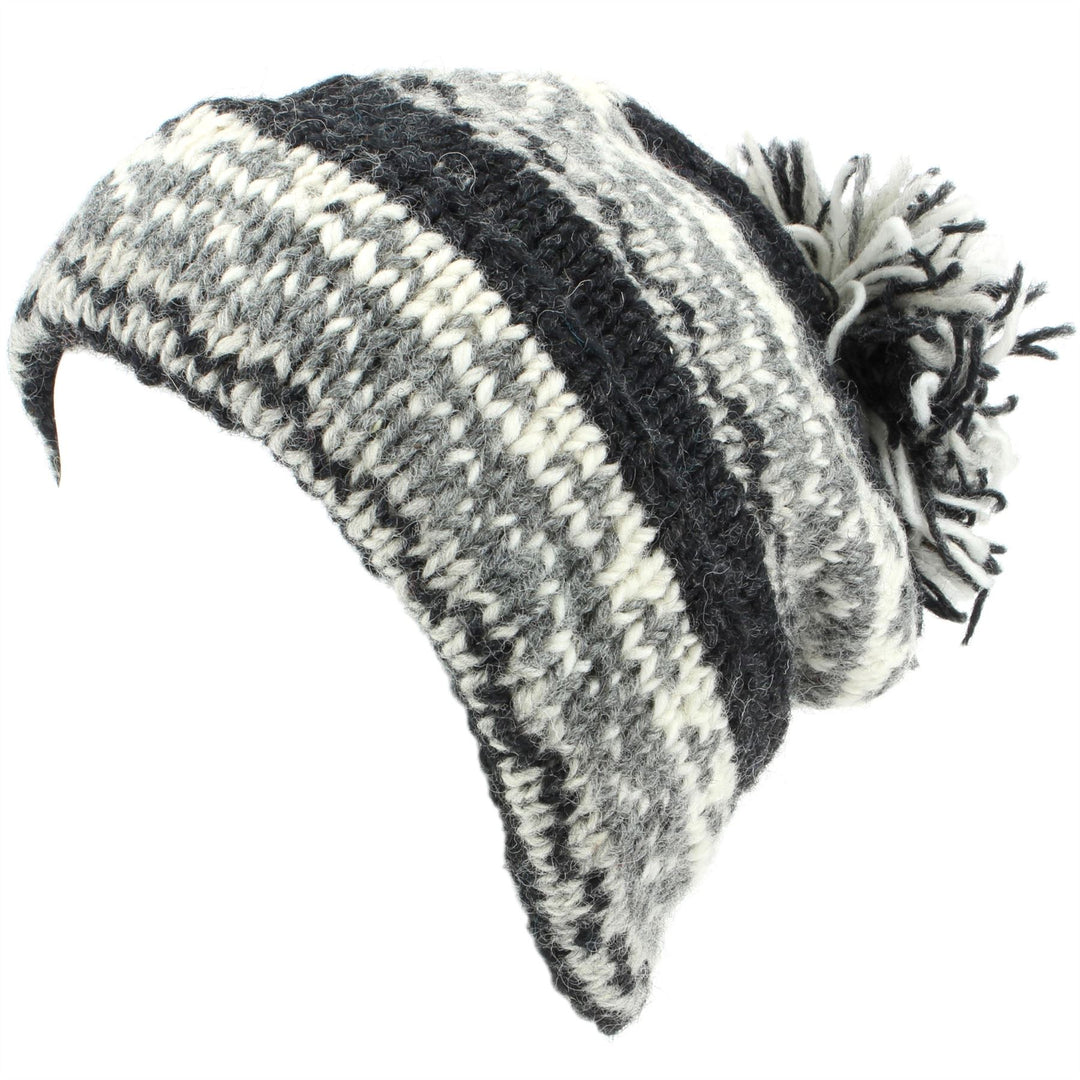 Chunky Wool Knit Baggy Slouch Beanie Bobble Hat - Grey