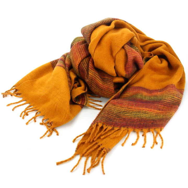 Tibetan Wool Blend Shawl Blanket - Mustard with Sunset Reverse