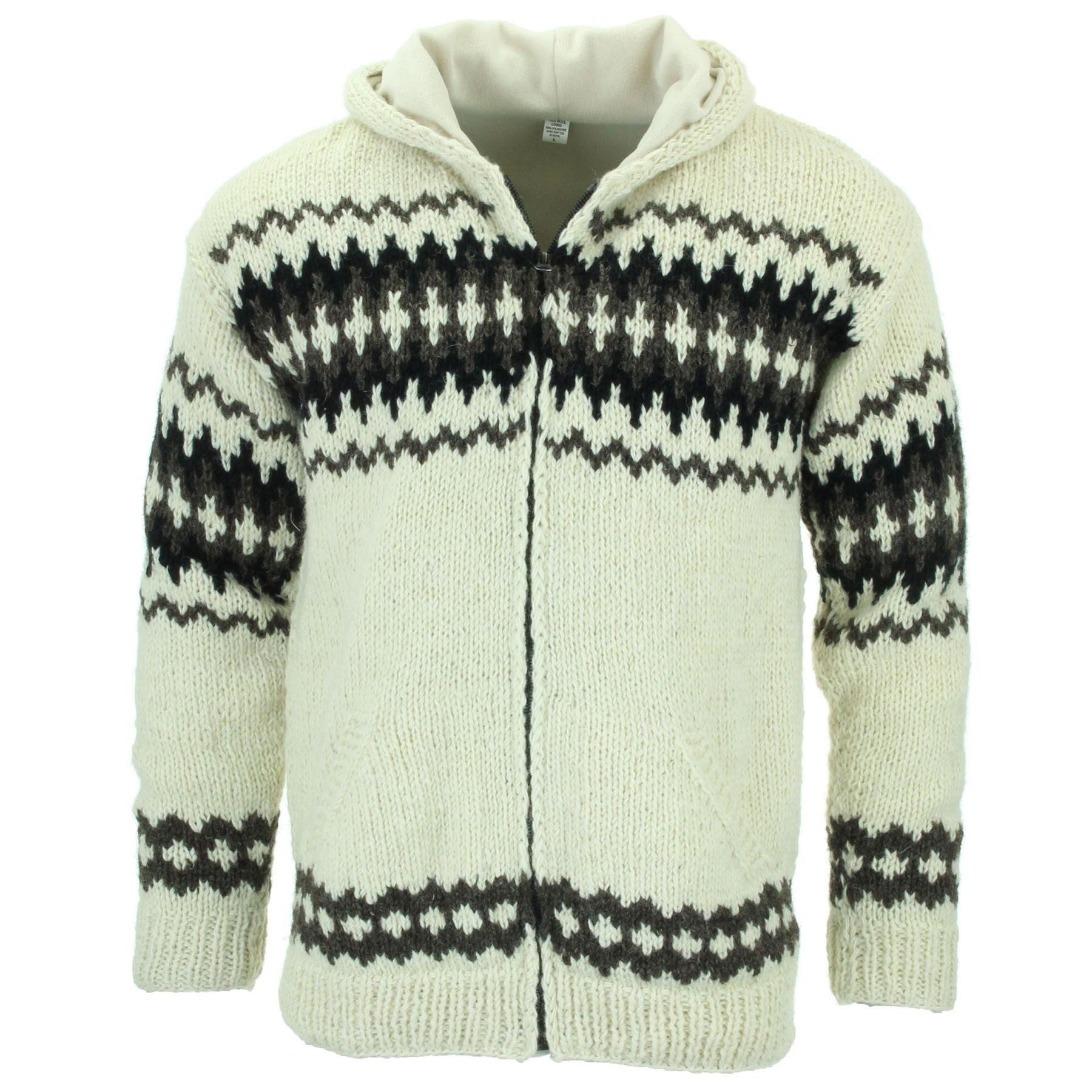 Hand Knitted Wool Hooded Jacket Cardigan Fairisle White