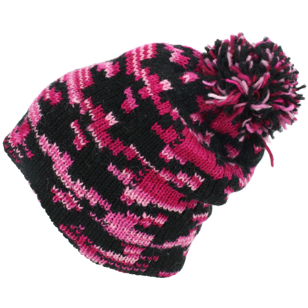 Wool Knit Bobble Beanie Hat - Pink Houndstooth