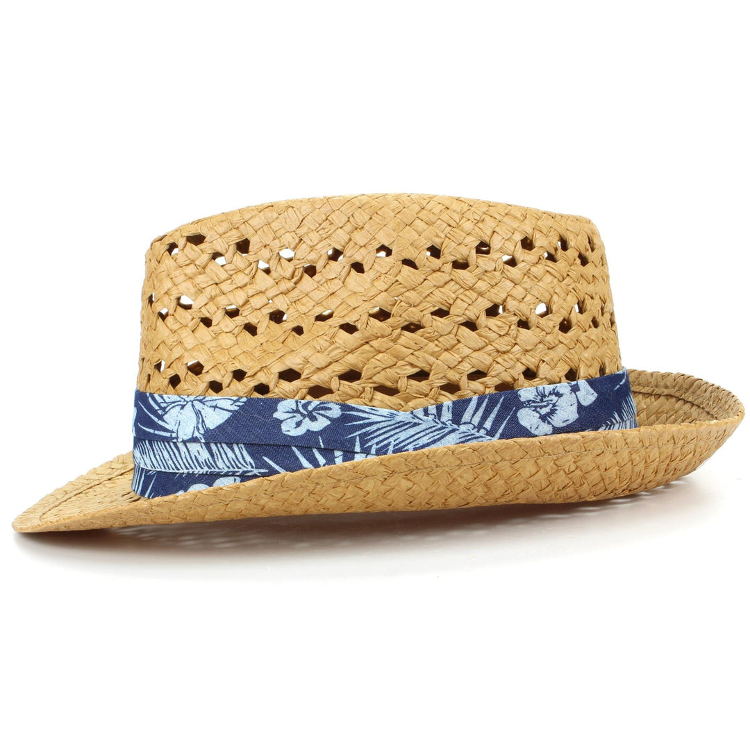 Straw Trilby Fedora Hat with Hibiscus Floral Band - Brown