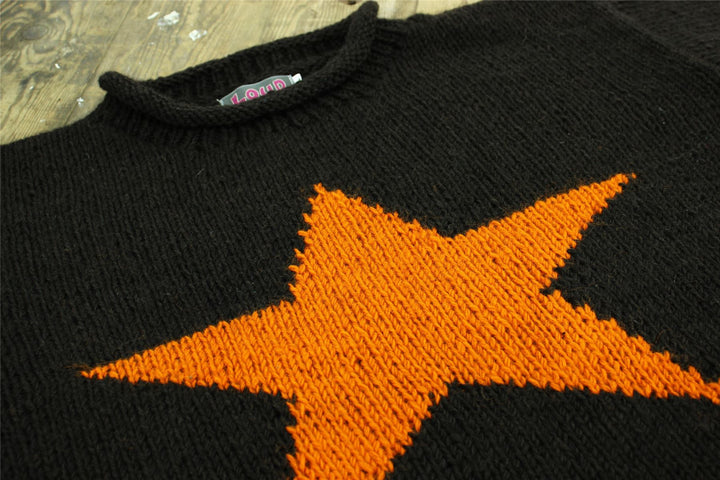 Chunky Wool Knit Star Jumper - Brown & Mustard