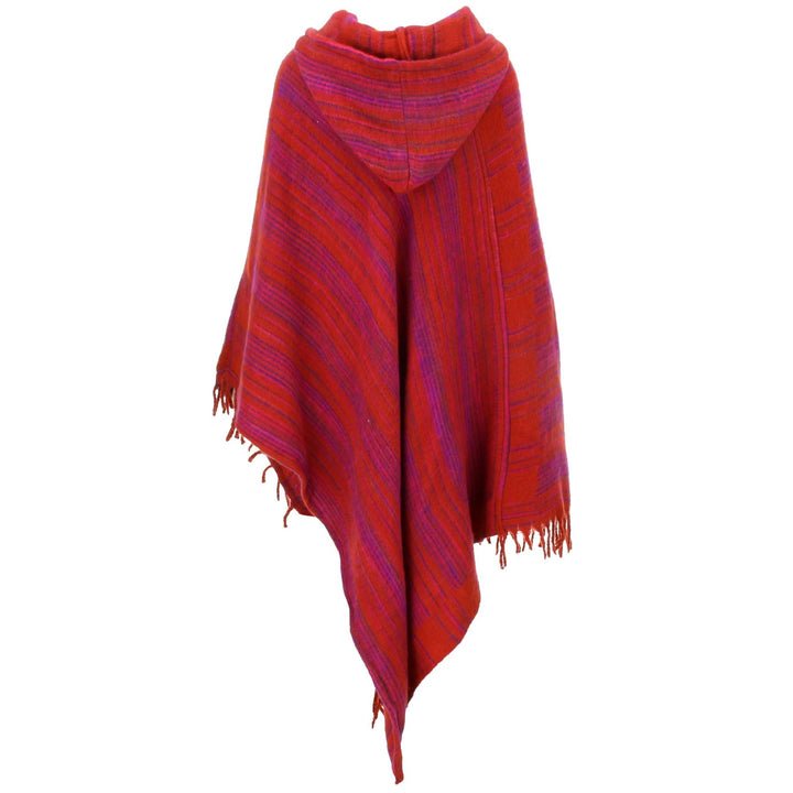 Vegan Wool Hooded Poncho - Red & Pink