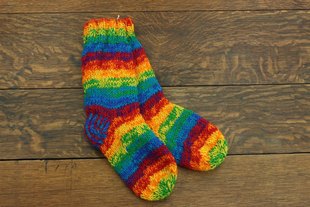 Hand Knitted Wool Slipper Socks Lined - SD Shredded Rainbow