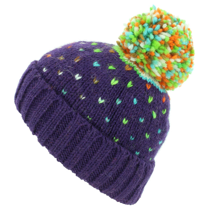 Hand Knitted Wool Beanie Bobble Hat - Tik Tik Purple