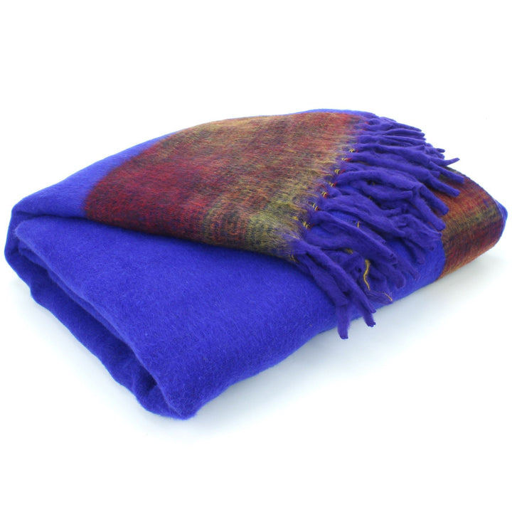 Tibetan Wool Blend Shawl Blanket - Royal Blue with Sunset Reverse