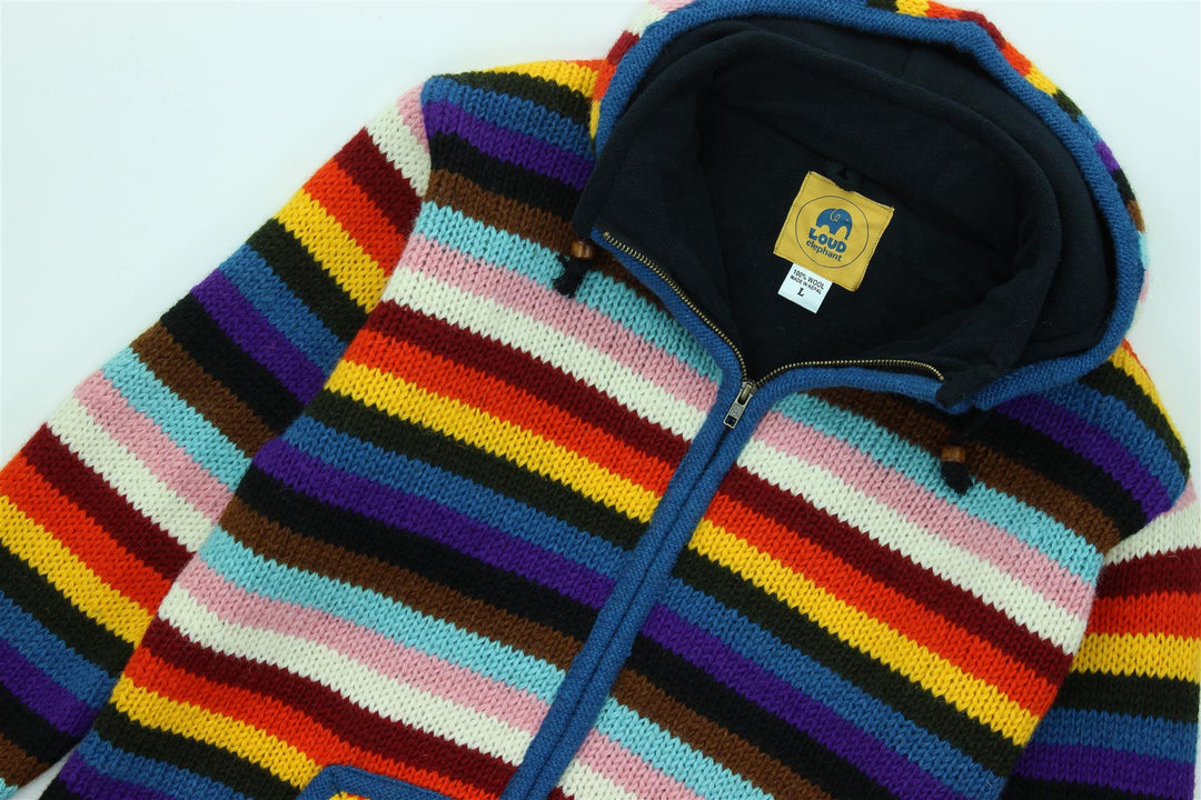 Hand Knitted Wool Hooded Jacket Cardigan - Stripe Progress Rainbow