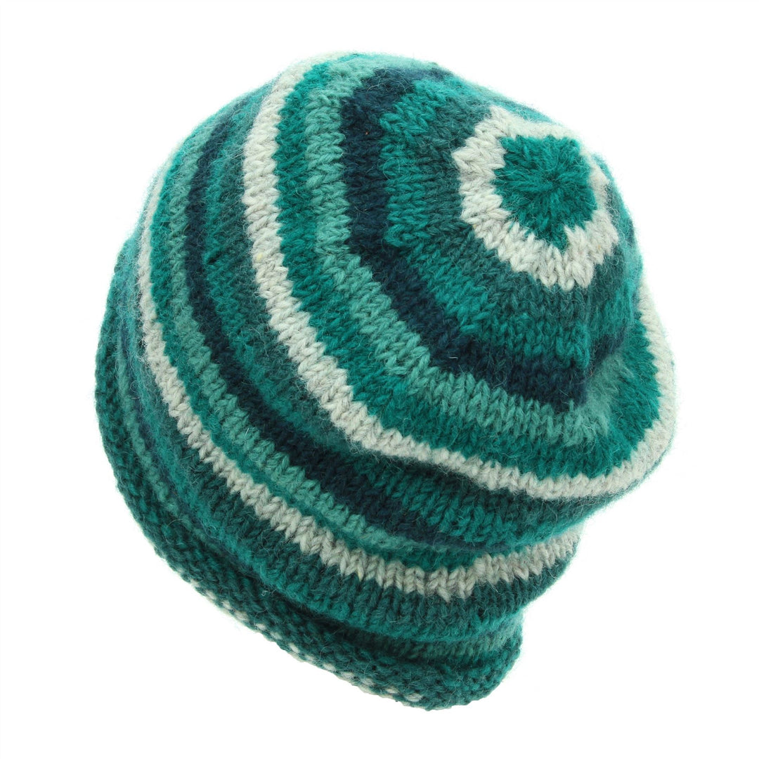 Hand Knitted Wool Beanie Hat - Stripe Teal