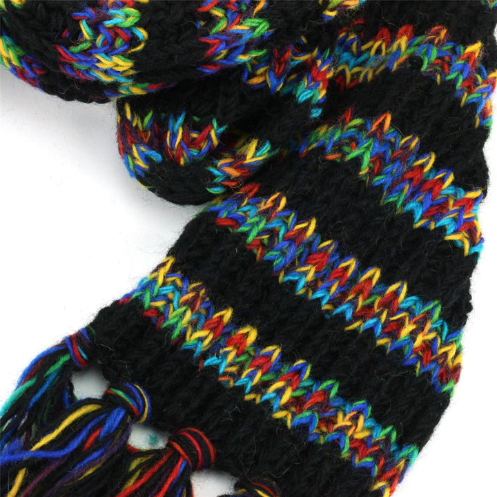 Hand Knitted Wool Scarf - Stripe Black Rainbow SD