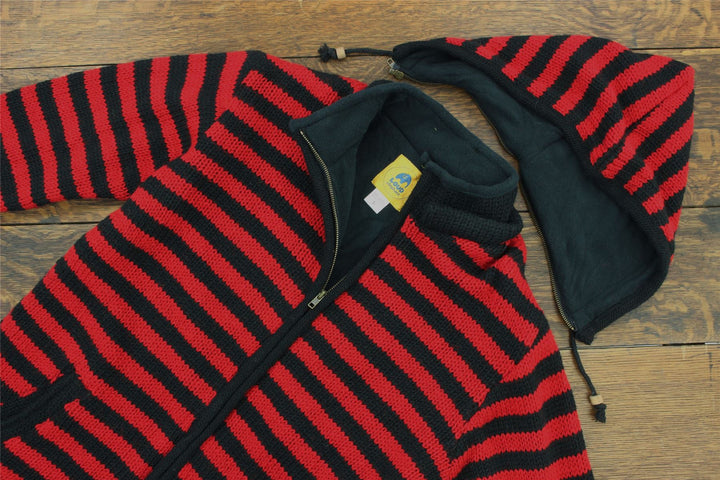 Hand Knitted Wool Hooded Jacket Cardigan - Stripe Red Black